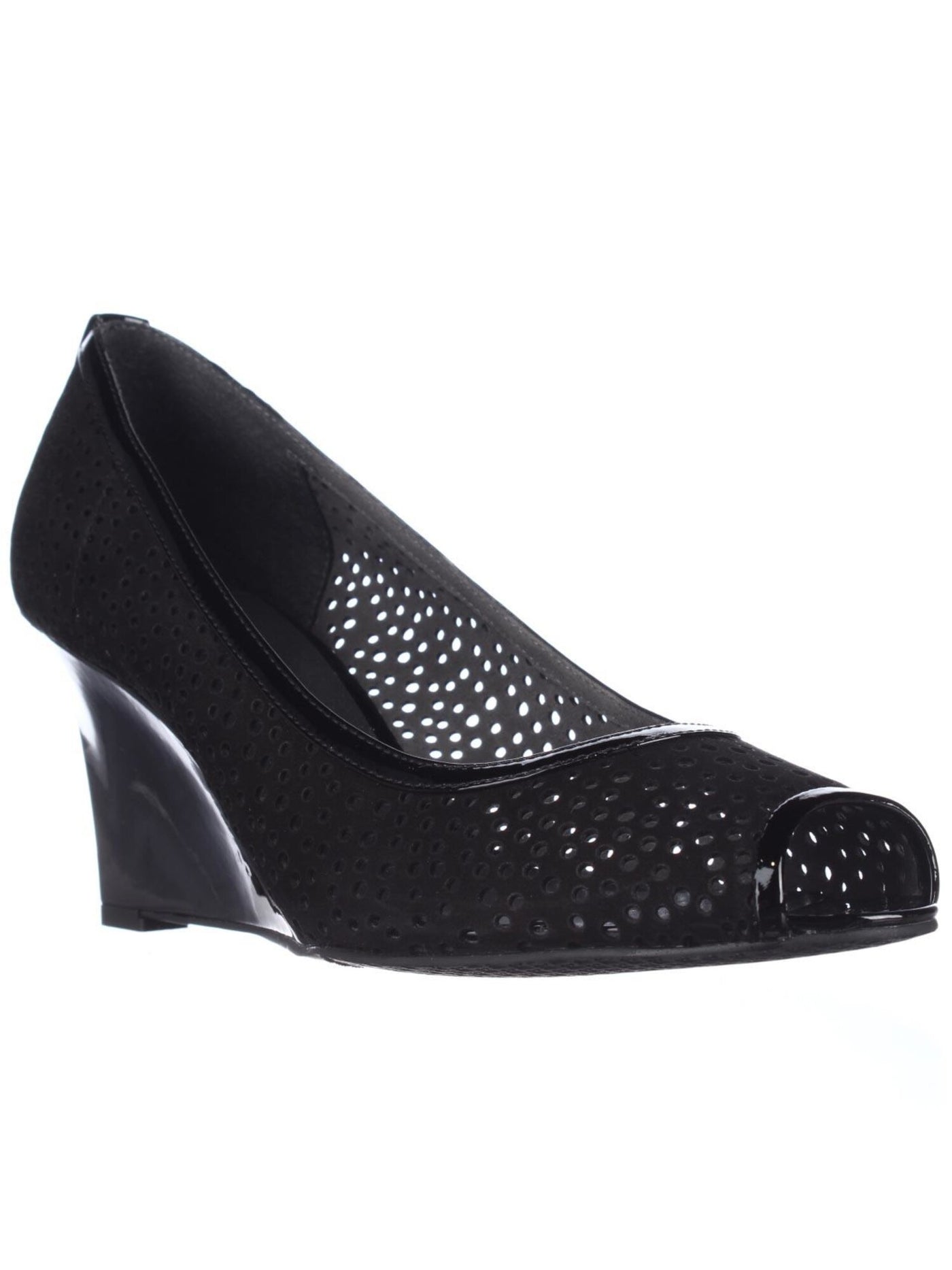 STUART WEITZMAN Womens Black Perforated Logo Nudotcomer Peep Toe Wedge Slip On Leather Pumps Shoes 5.5 M