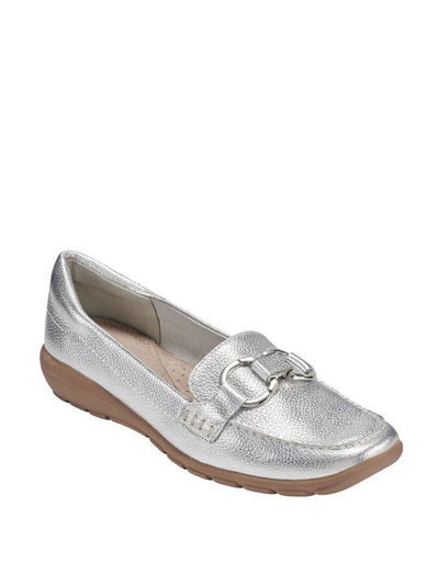 EASY STREET Womens Silver Cushioned Hardware Detail Arch Support Breathable Lining Non-Slip Metallic Avienta Square Toe Wedge Slip On Leather Loafers Shoes 9.5 M