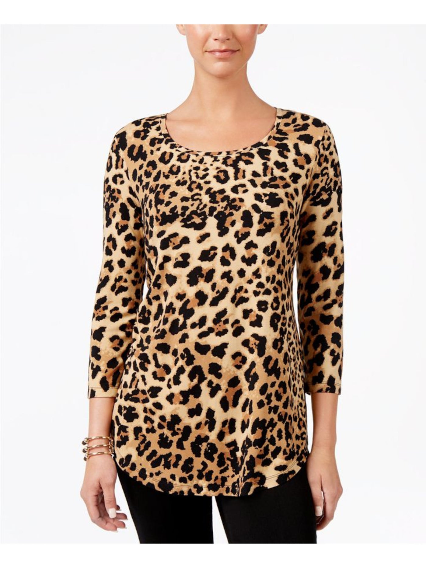 JM COLLECTION Womens Beige Animal Print 3/4 Sleeve Scoop Neck Top Petites P\M