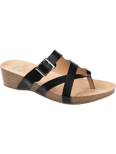 JOURNEE COLLECTION Womens Black 0.5" Platform Crossover Straps Buckle Strappy Comfort Madrid Round Toe Wedge Slip On Thong Sandals Shoes 9 M