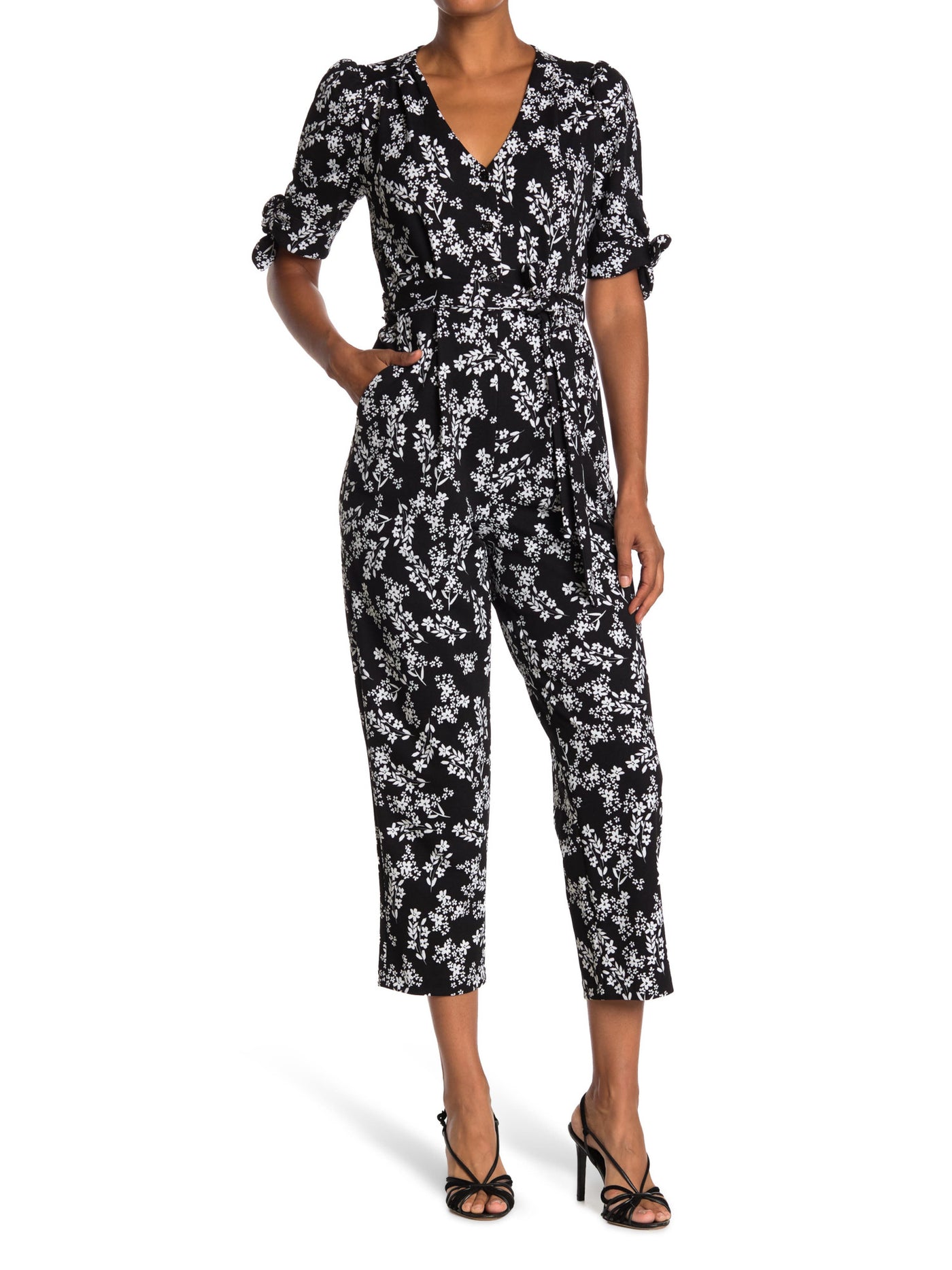 CALVIN KLEIN Womens Black Stretch Pocketed Zippered Tie Floral Elbow Sleeve V Neck Cocktail Straight leg Jumpsuit 8
