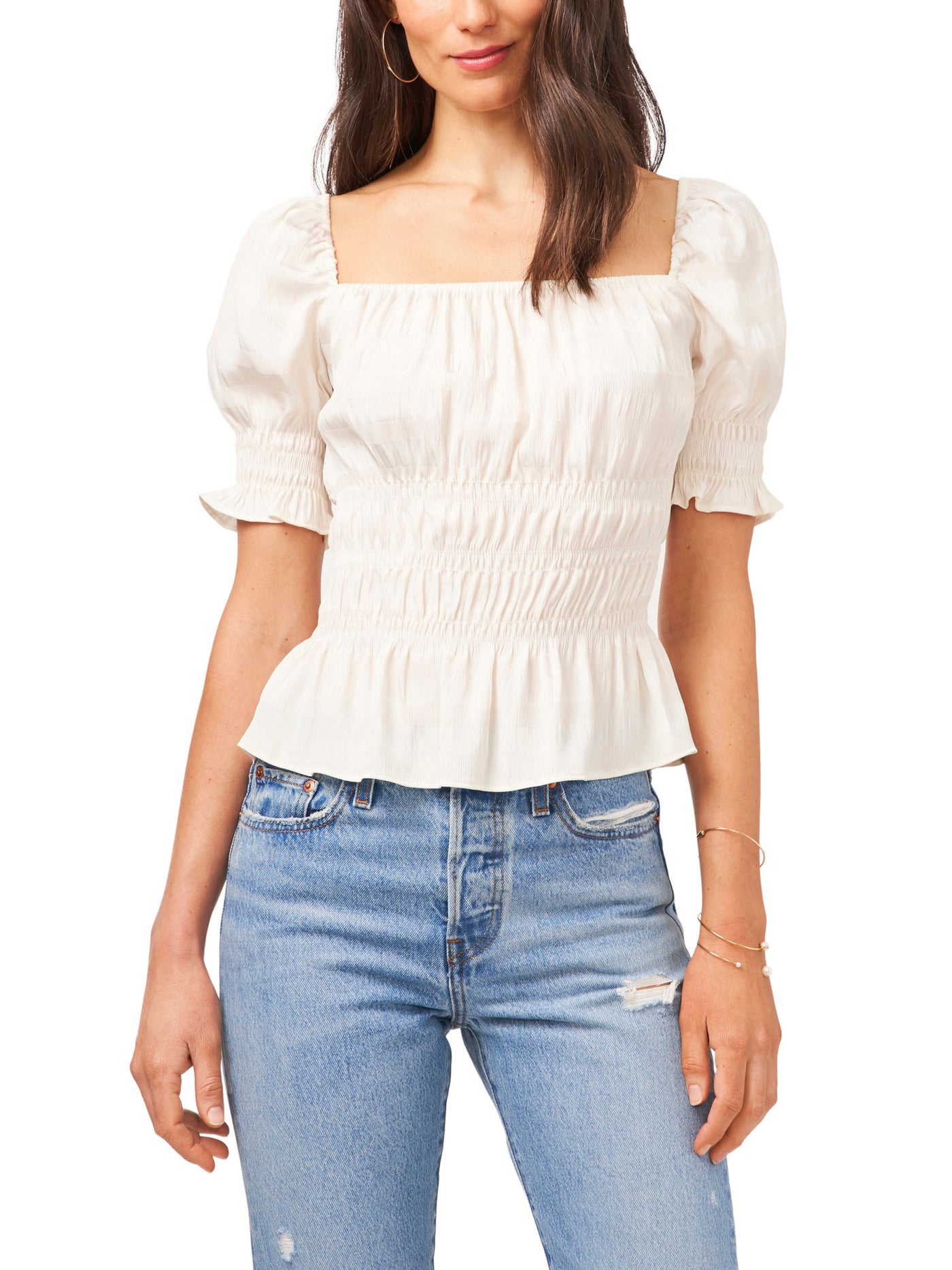 1. STATE Womens Ivory Smocked Peplum Hem Pouf Sleeve Square Neck Peasant Top M