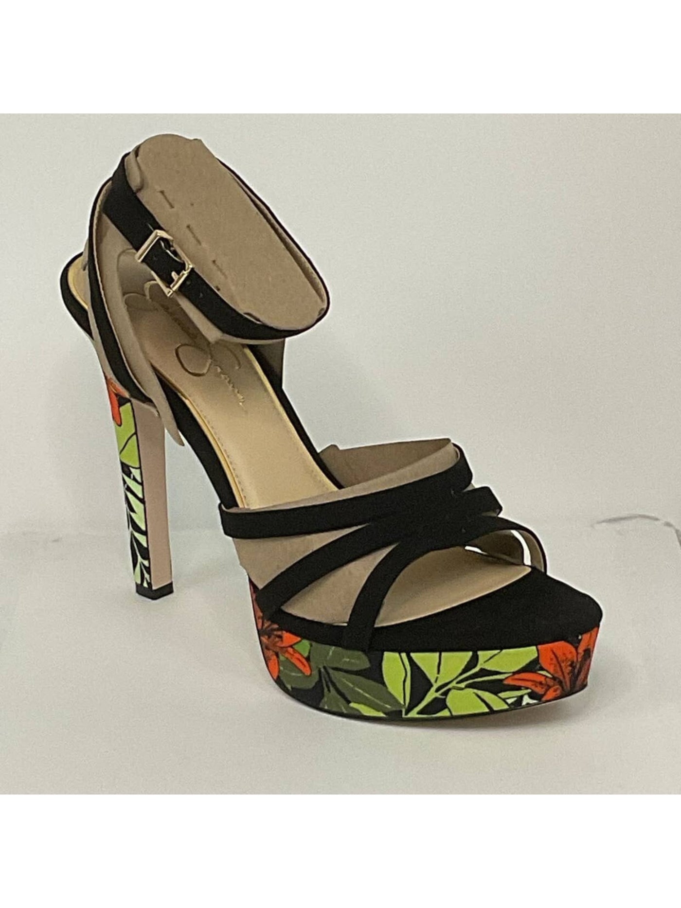 JESSICA SIMPSON Womens Black Floral 1-1/2" Platform Padded Ankle Strap Balina Round Toe Stiletto Buckle Dress Heeled Sandal 6.5 M