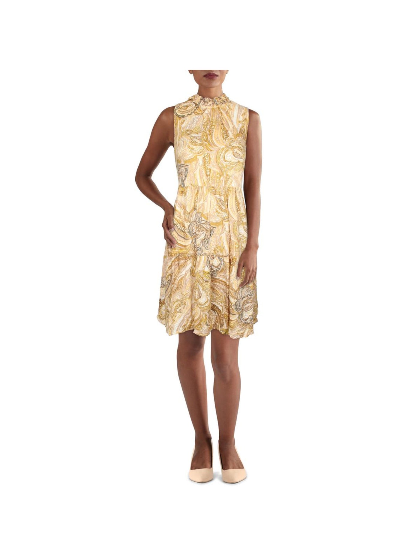 CALVIN KLEIN Womens Yellow Ruffled Unlined Keyhole Back Tiered Printed Sleeveless Mock Neck Above The Knee Shift Dress 10