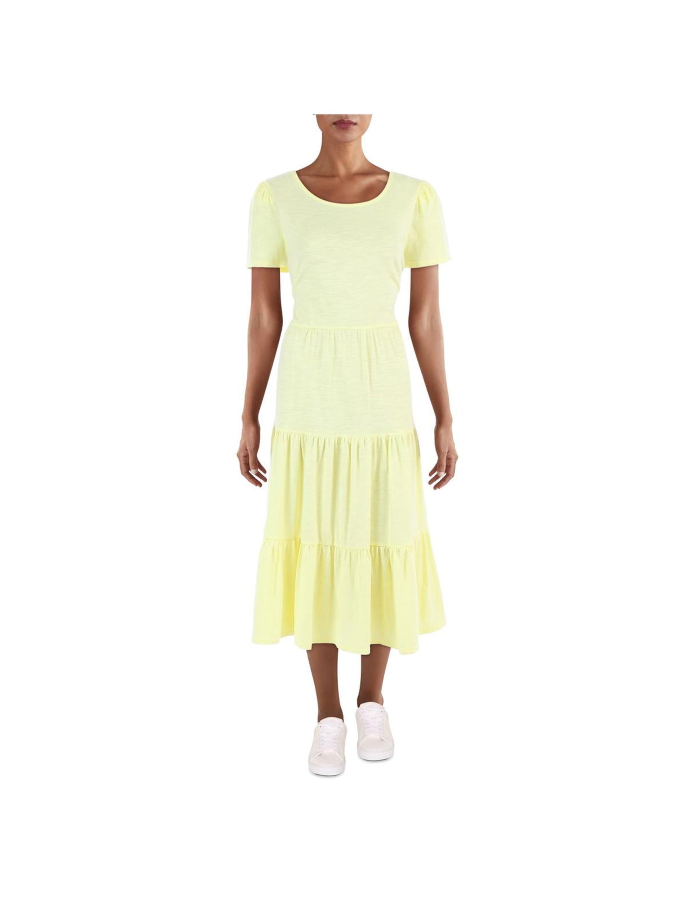 RILEY&RAE Womens Yellow Gathered Tiered Pullover Heather Pouf Sleeve Crew Neck Midi Fit + Flare Dress XS