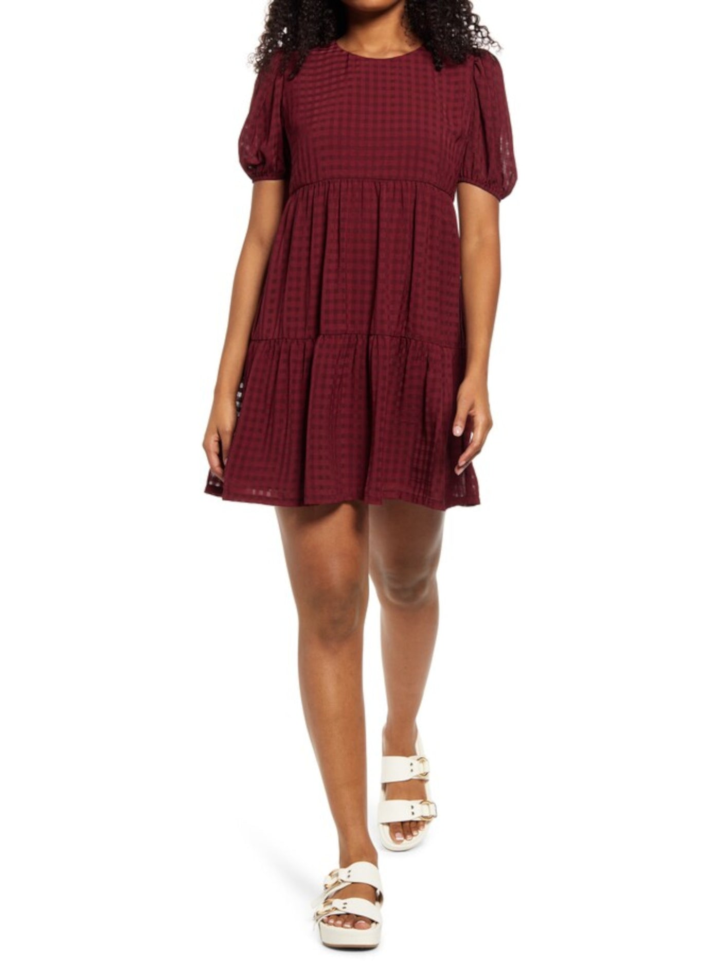 SPEECHLESS Womens Burgundy Pleated Sheer Lined Seersucker Back-keyhole Gingham Short Sleeve Jewel Neck Mini Party Baby Doll Dress XS