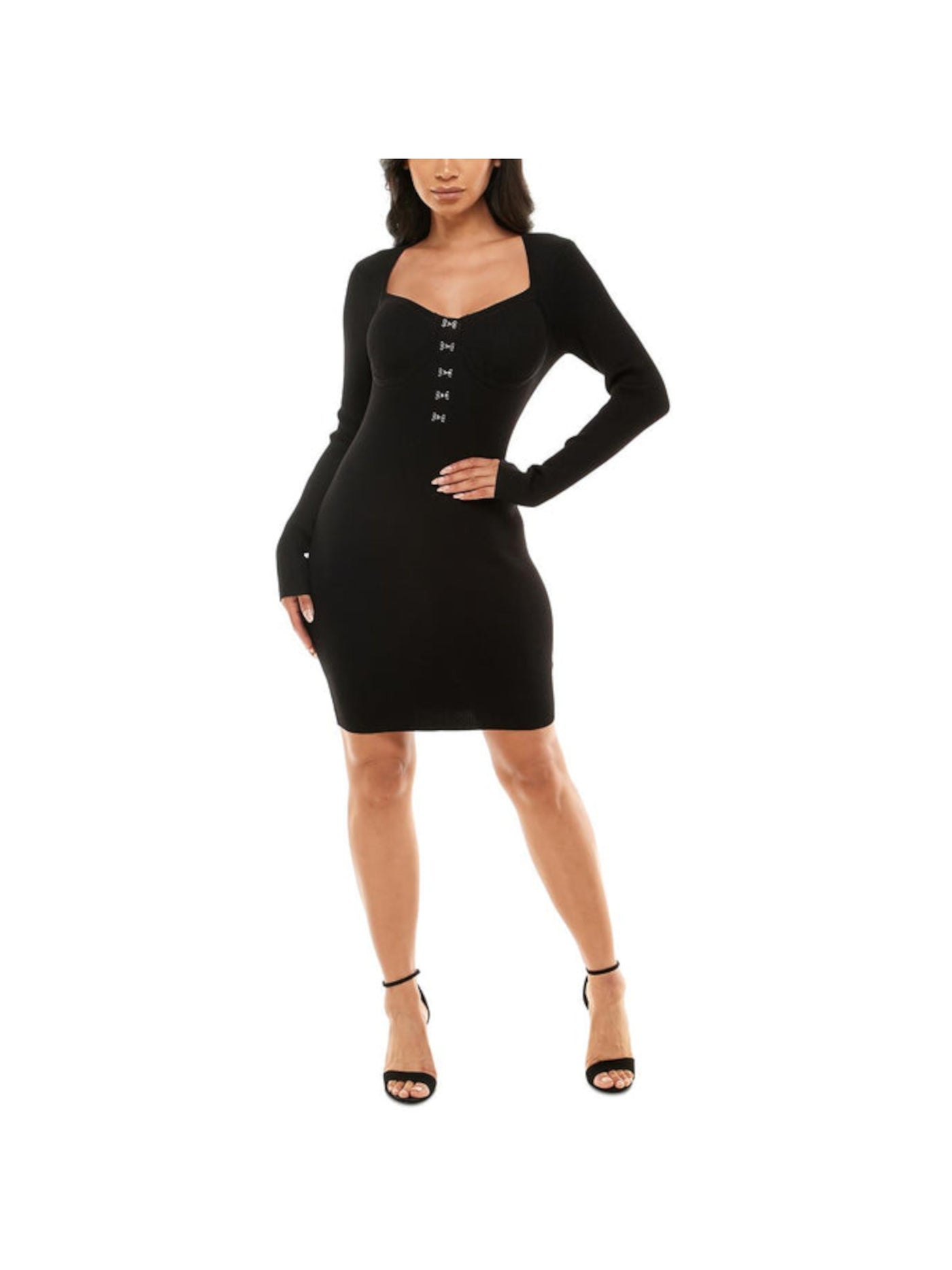 CRAVE FAME Womens Black Ribbed Under Bust Seaming Faux Closure Long Sleeve Sweetheart Neckline Short Party Sweater Dress M