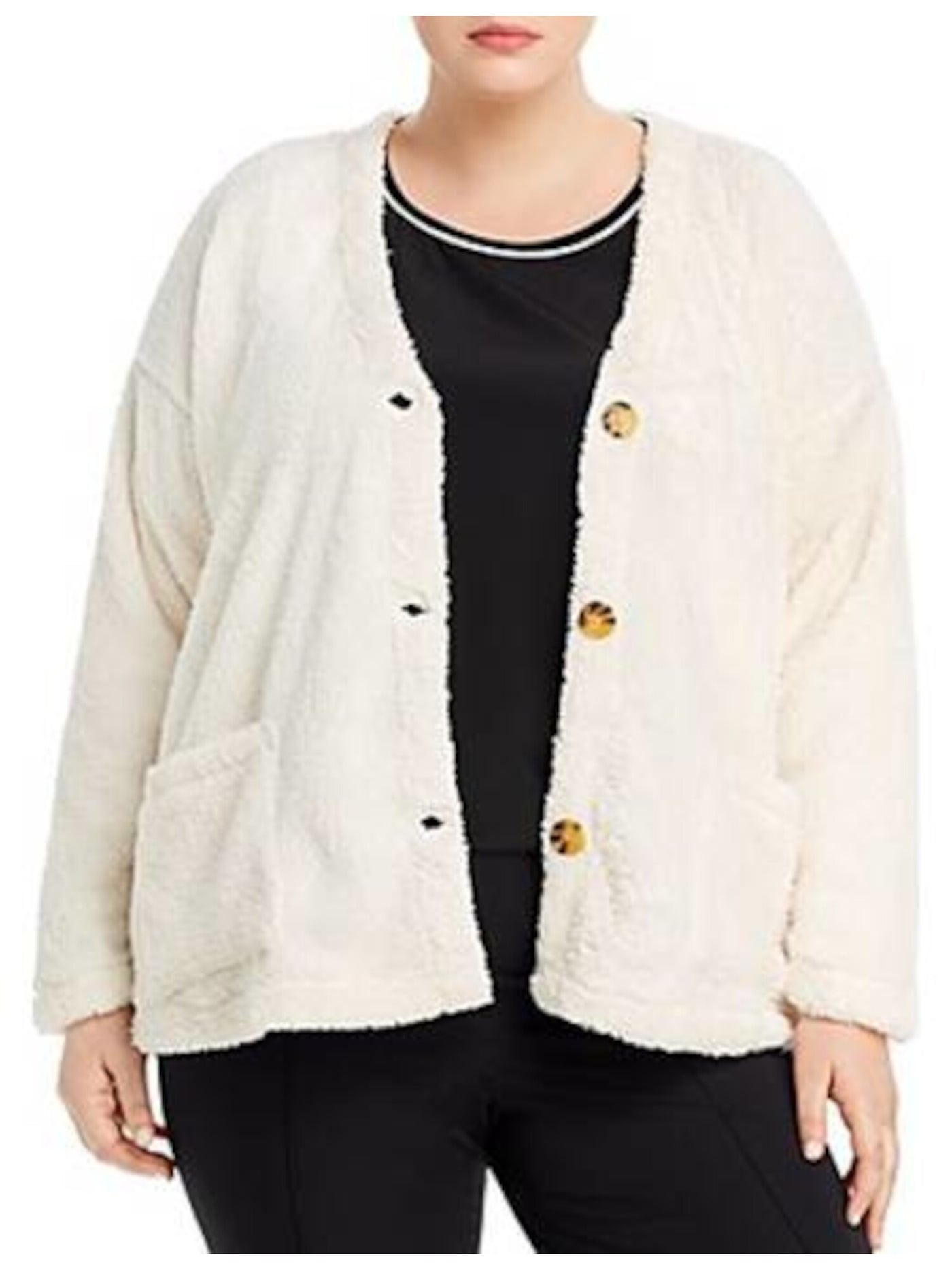 COLLECTION BY BOBEAU Womens Ivory Textured Pocketed Faux Shearling Cardigan Long Sleeve Button Up Sweater Plus 3X