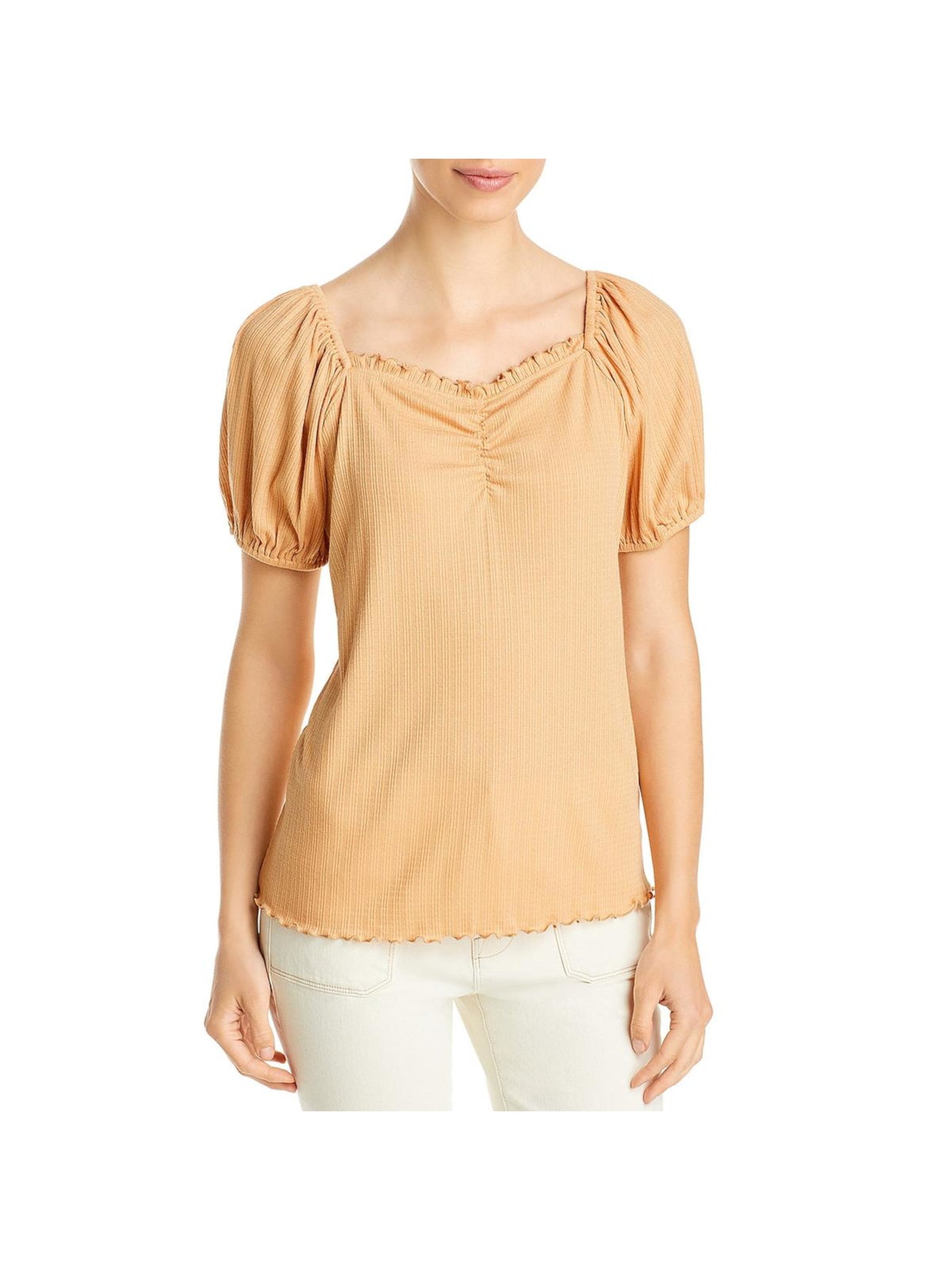 STATUS BY CHENAULT Womens Beige Stretch Ruffled Pleated Scalloped Ruched Pouf Sleeve Sweetheart Neckline Top XL