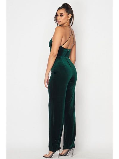 TEEZE ME Womens Green Spaghetti Strap V Neck Wide Leg Jumpsuit 1\2