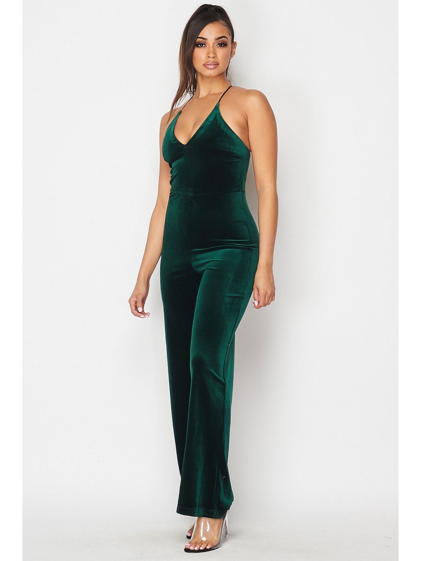 TEEZE ME Womens Green Spaghetti Strap V Neck Wide Leg Jumpsuit 1\2