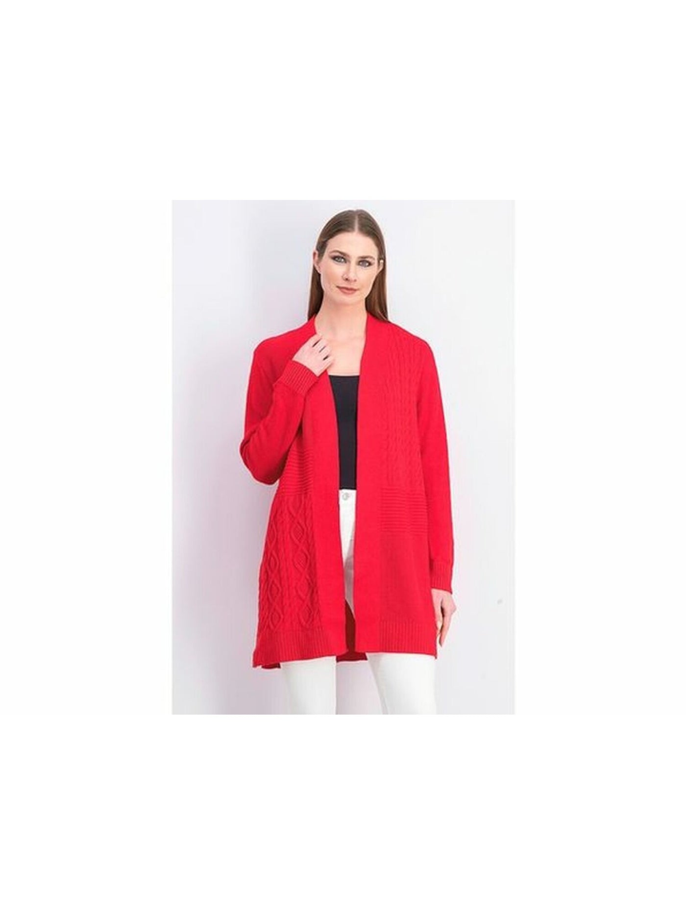 CHARTER CLUB Womens Red Textured Patchwork Long Sleeve Open Cardigan Sweater Petites PM