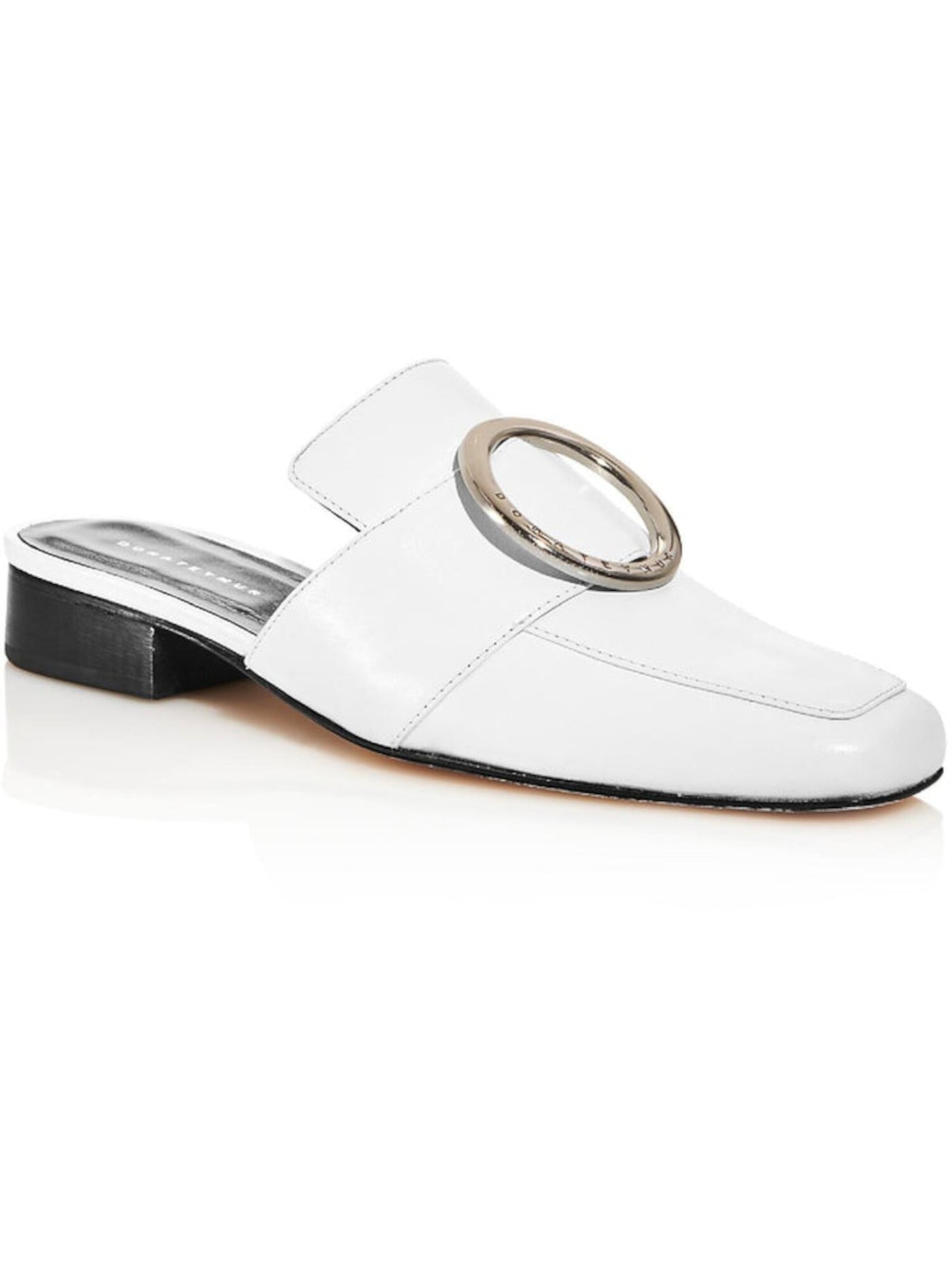 DORATEYMUR Womens White Hardware Comfort Petrol Square Toe Block Heel Slip On Leather Mules 39