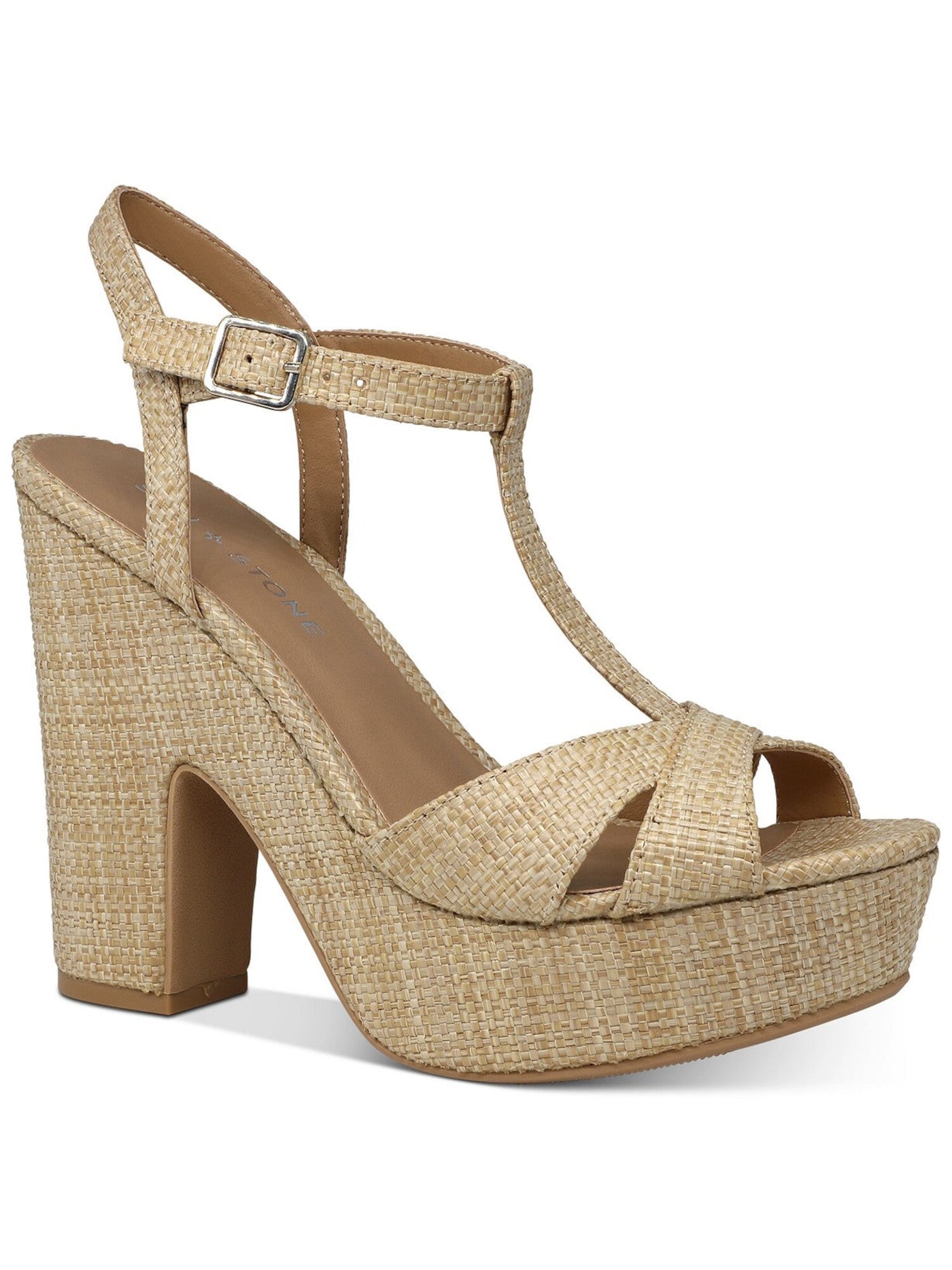 SUN STONE Womens Beige Cushioned Comfort Adjustable Woven-Like 1" Platform T-Strap Slip Resistant Jamie Round Toe Block Heel Buckle Slingback Sandal 8.5 M