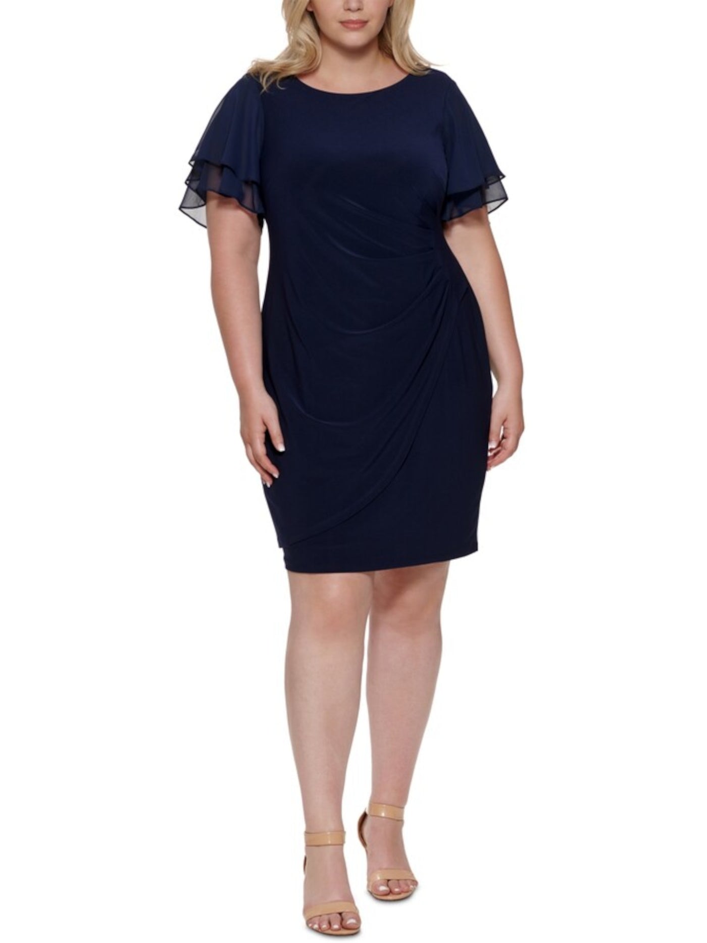 JESSICA HOWARD Womens Navy Stretch Ruched Zippered Crossover Skirt Flutter Sleeve Round Neck Above The Knee Wear To Work Sheath Dress Plus 20W