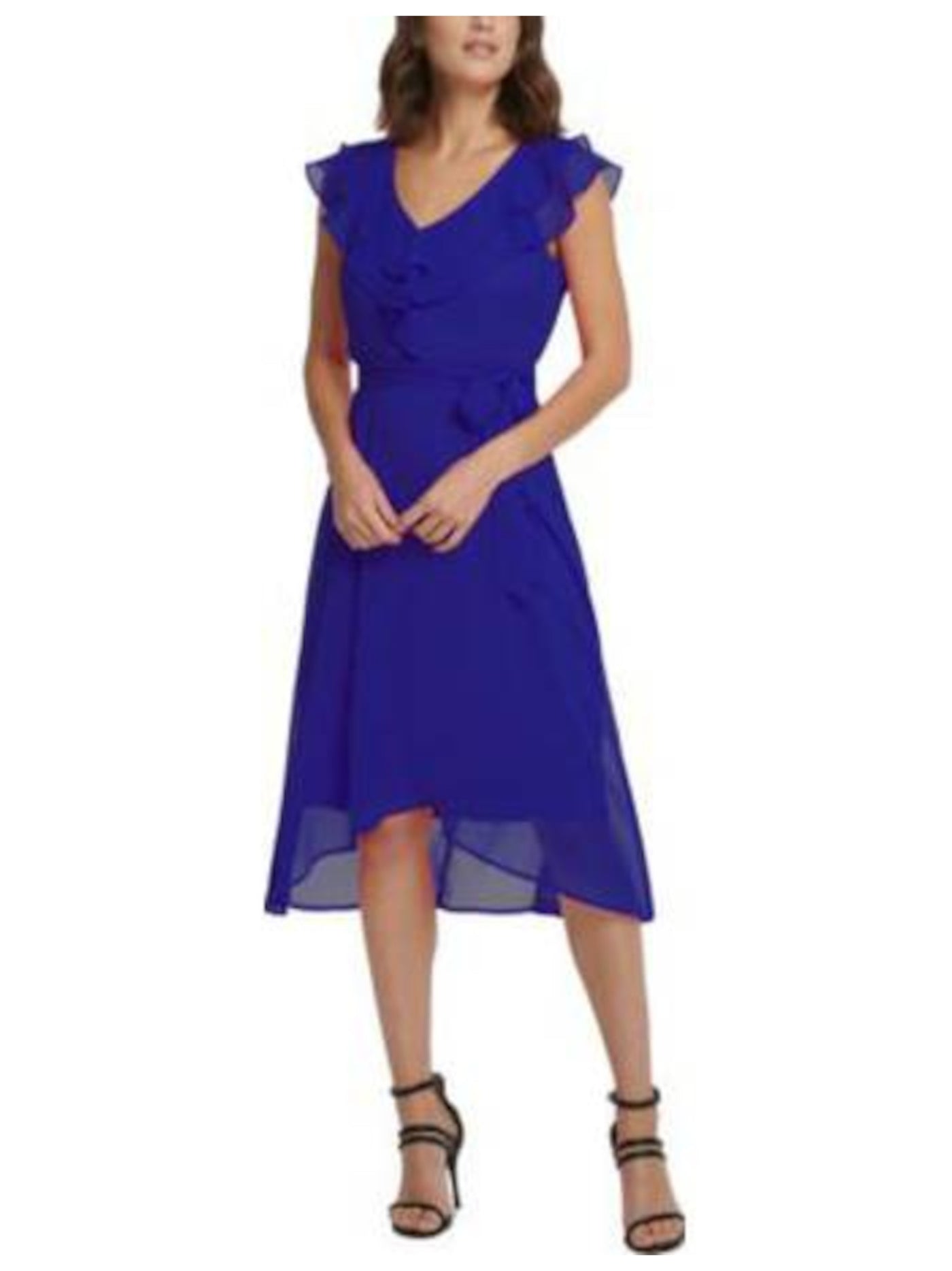 DKNY Womens Blue Zippered Sheer Sleeveless V Neck Below The Knee Evening Faux Wrap Dress 2