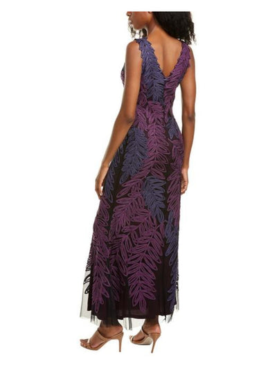 JS COLLECTION Womens Purple Textured Zippered Mesh Inset, Soutache Floral Sleeveless V Neck Full-Length Evening Sheath Dress 4