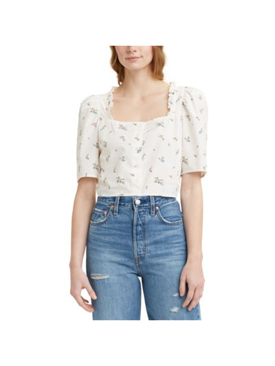 LEVI'S Womens White Ruffled Short Length Button Front Printed Elbow Sleeve Square Neck Blouse M