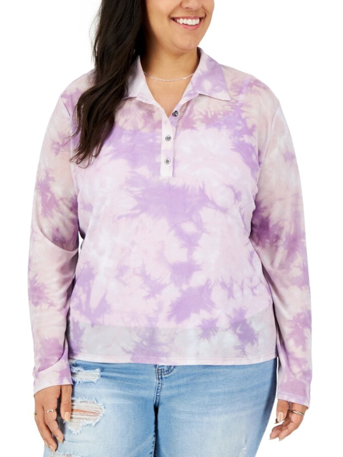 LOVE FIRE Womens Purple Sheer 4-button Placket Drop Shoulders Tie Dye Long Sleeve Point Collar Top Plus 1X