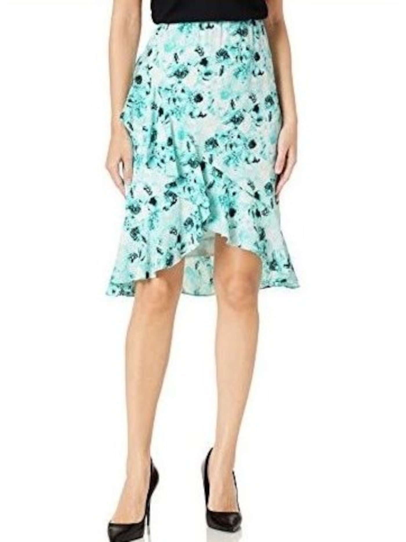 KASPER Womens Aqua Ruffled Elastic Waist Floral Knee Length Wear To Work A-Line Skirt 8