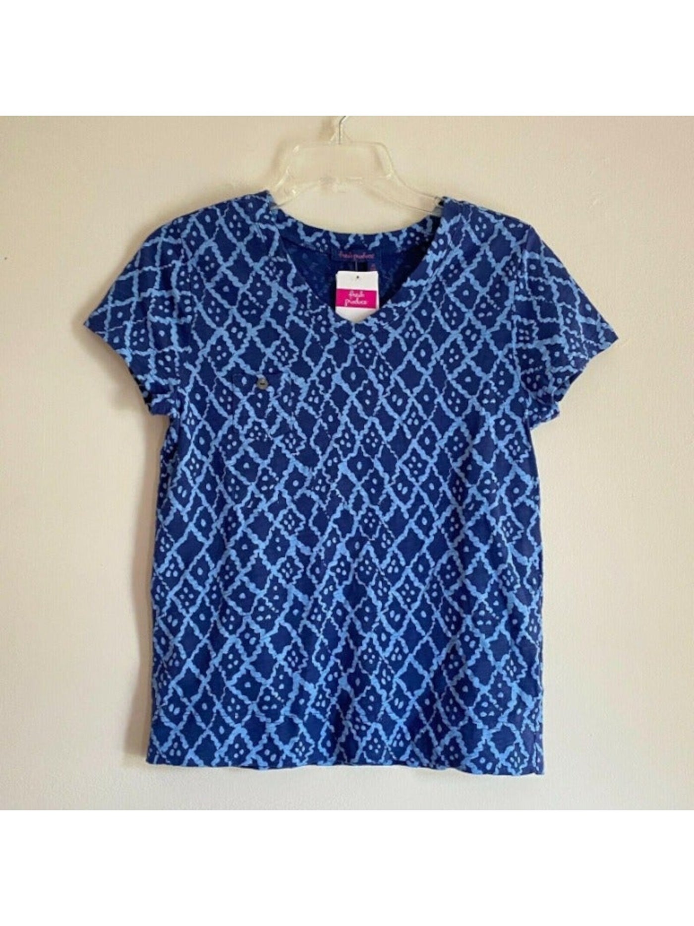 FRESH PRODUCE Womens Blue Pocketed Printed Short Sleeve V Neck T-Shirt SM