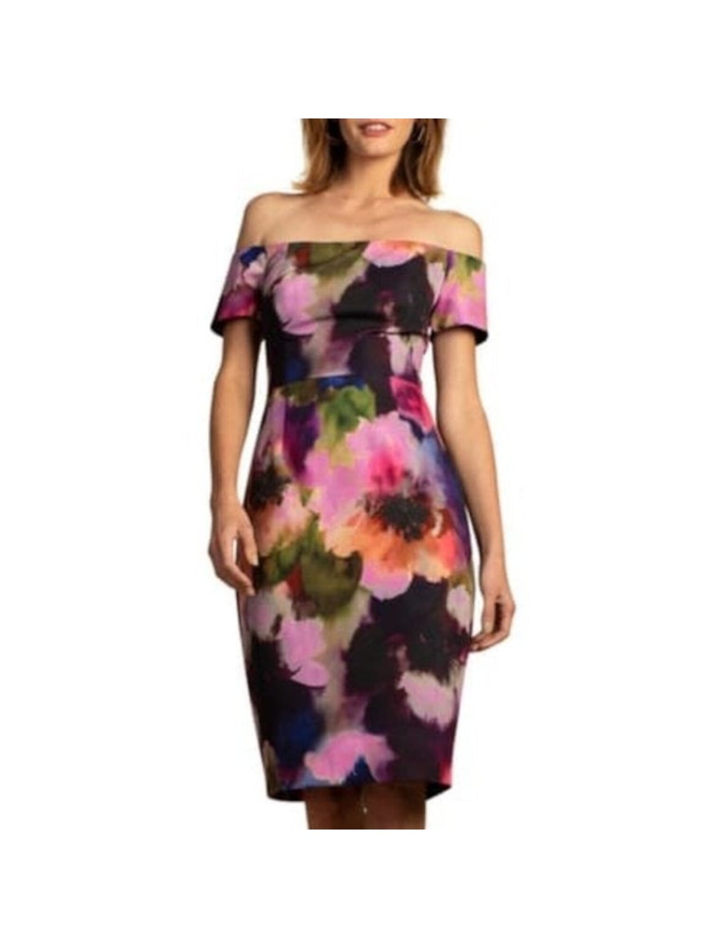 TRINA TURK Womens Purple Floral Short Sleeve Below The Knee Evening Shift Dress 16