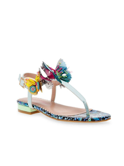 BETSEY JOHNSON Womens Blue Mixed Media Beaded Embellished Padded Prilla Round Toe Buckle Thong Sandals Shoes 5.5