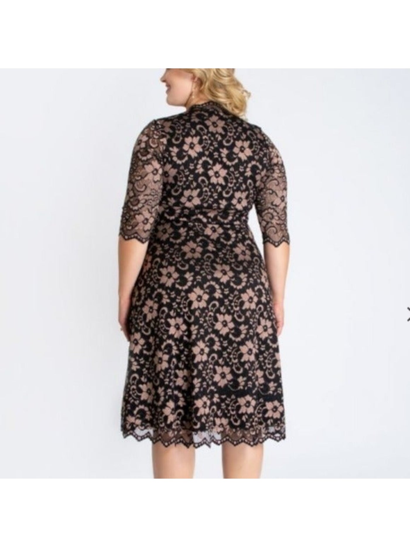 KIYONNA Womens Black Lace Sheer 3/4 Sleeve Surplice Neckline Full-Length Formal Gown Dress Plus 0X