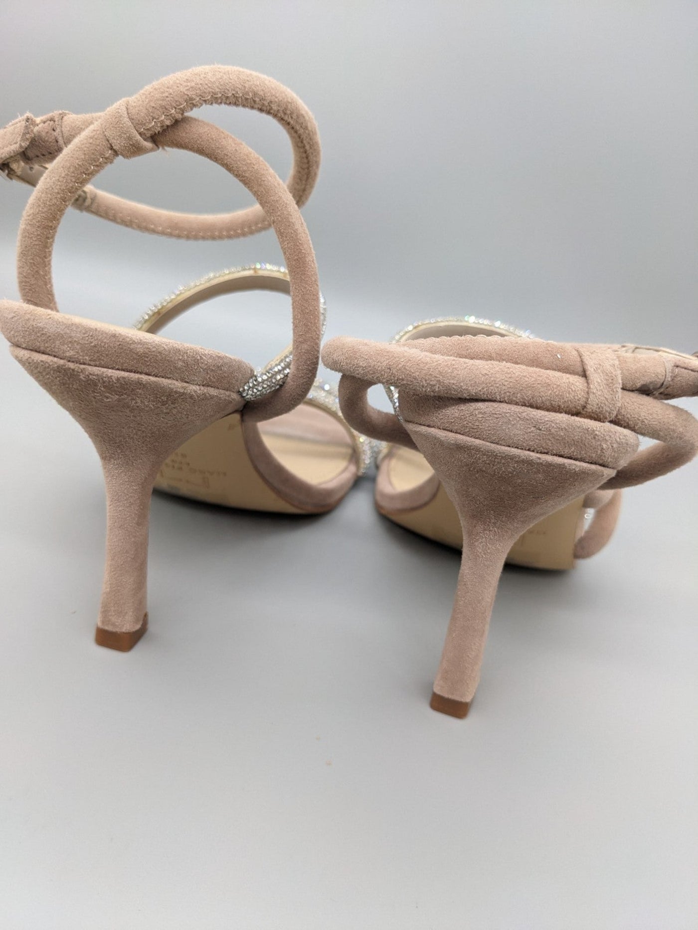MARC FISHER Womens Beige Strappy Asymmetrical Rhinestone Debbie Square Toe Stiletto Buckle Leather Dress Heeled Sandal 7.5 M