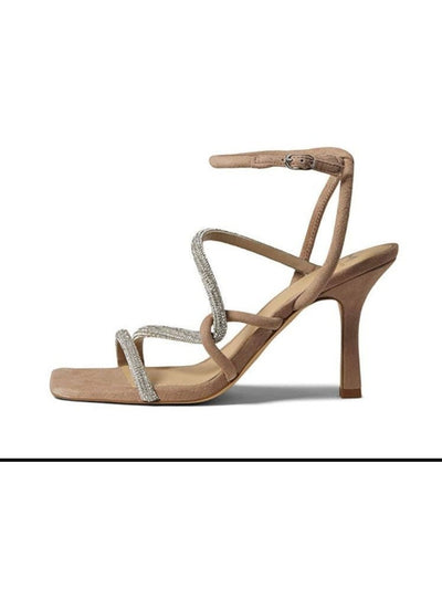 MARC FISHER Womens Beige Strappy Asymmetrical Rhinestone Debbie Square Toe Stiletto Buckle Leather Dress Heeled Sandal 7.5 M