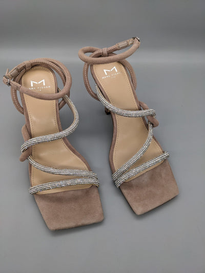 MARC FISHER Womens Beige Strappy Asymmetrical Rhinestone Debbie Square Toe Stiletto Buckle Leather Dress Heeled Sandal 7.5 M