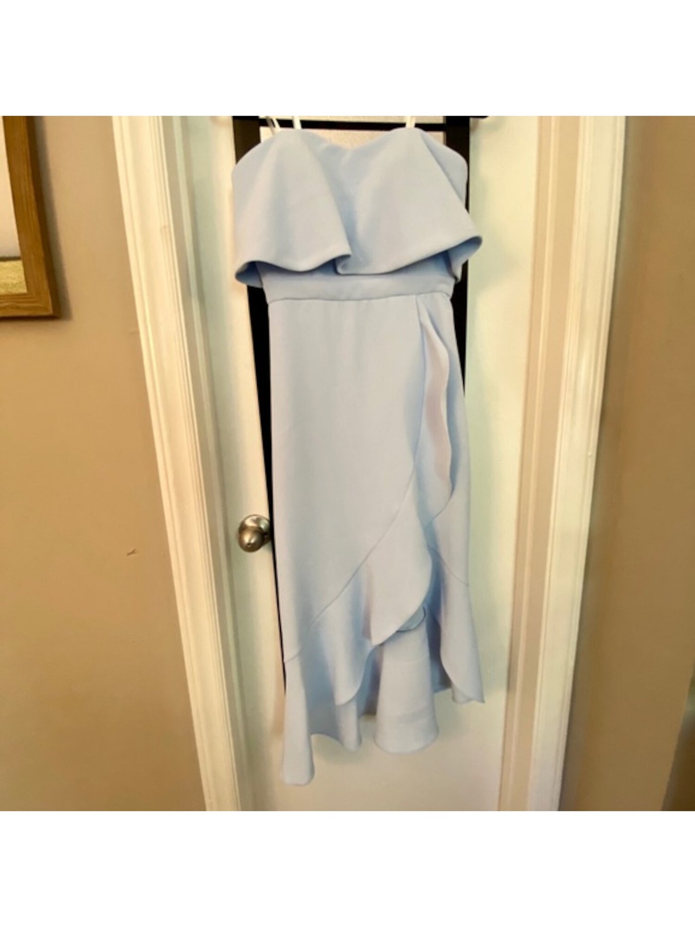 xscape light blue dress XSCAPE Womens Light Blue Stretch Ruched Zippered Thigh High Slit Lined Short Sleeve Off Shoulder Full-Length Evening Gown Dress 16
