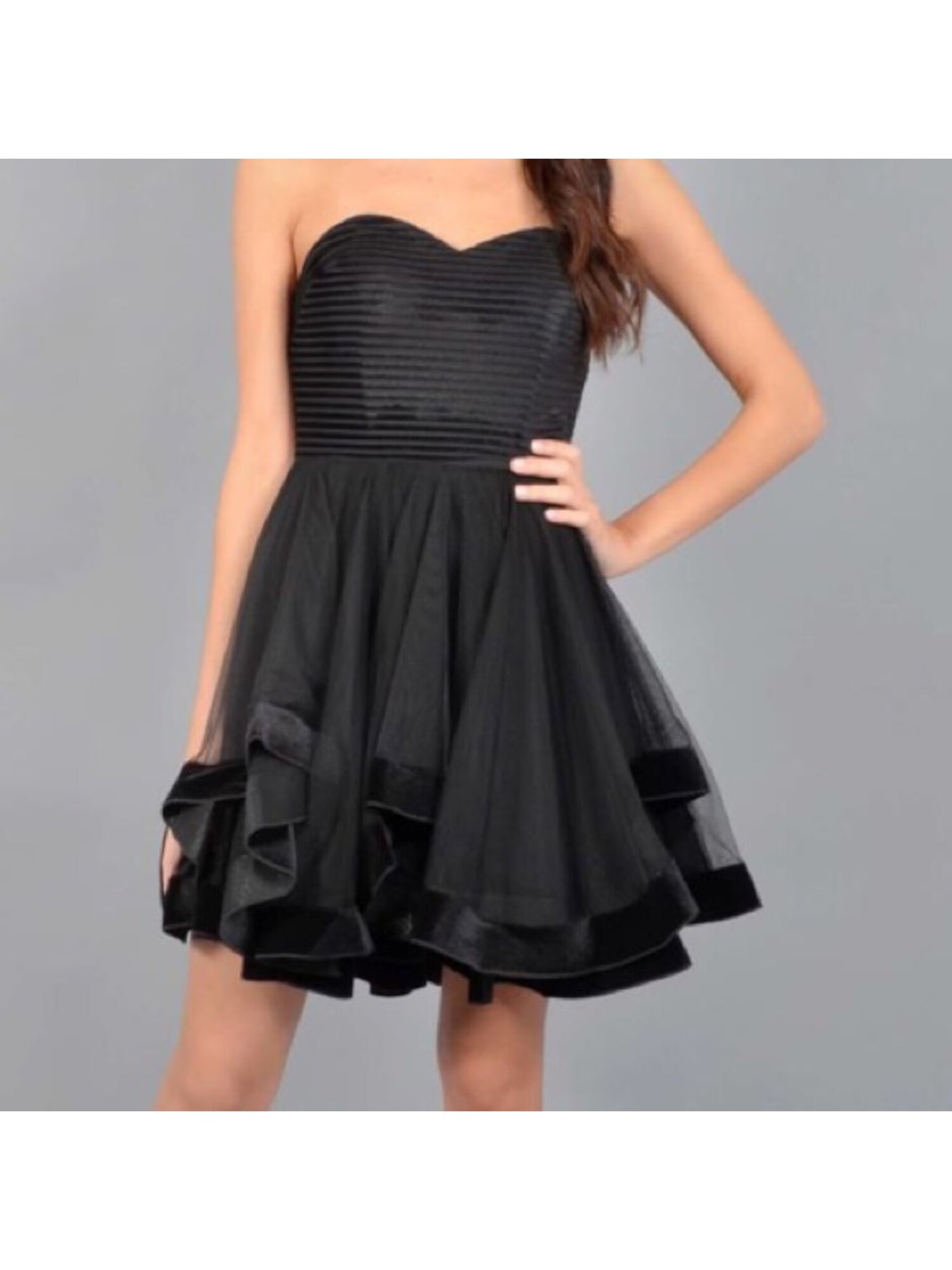BLONDIE Womens Black Sleeveless Strapless Mini Formal Fit + Flare Dress Juniors 3