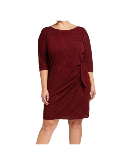 SIGNATURE BY ROBBIE BEE Womens Maroon 3/4 Sleeve Jewel Neck Above The Knee Party Sheath Dress Plus 3X