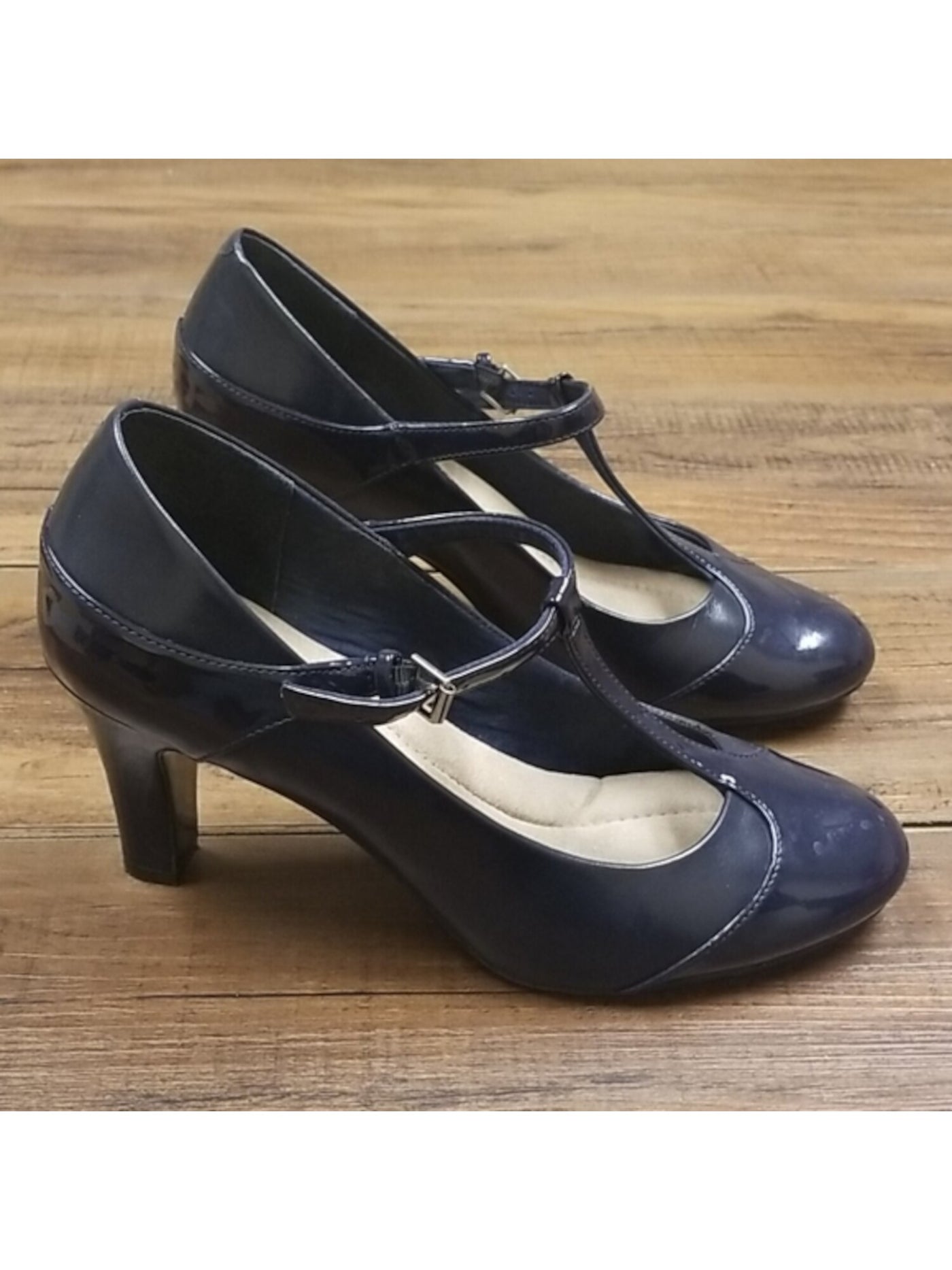 GIANI BERNINI Womens Navy Arch Support Vineza Almond Toe Block Heel Buckle Leather Pumps Shoes 6 M