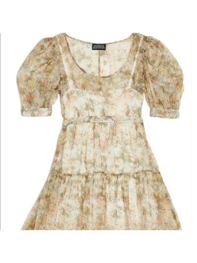 DANIELLE BERNSTEIN Womens Beige Sheer Floral Short Sleeve Scoop Neck Above The Knee Fit + Flare Dress M