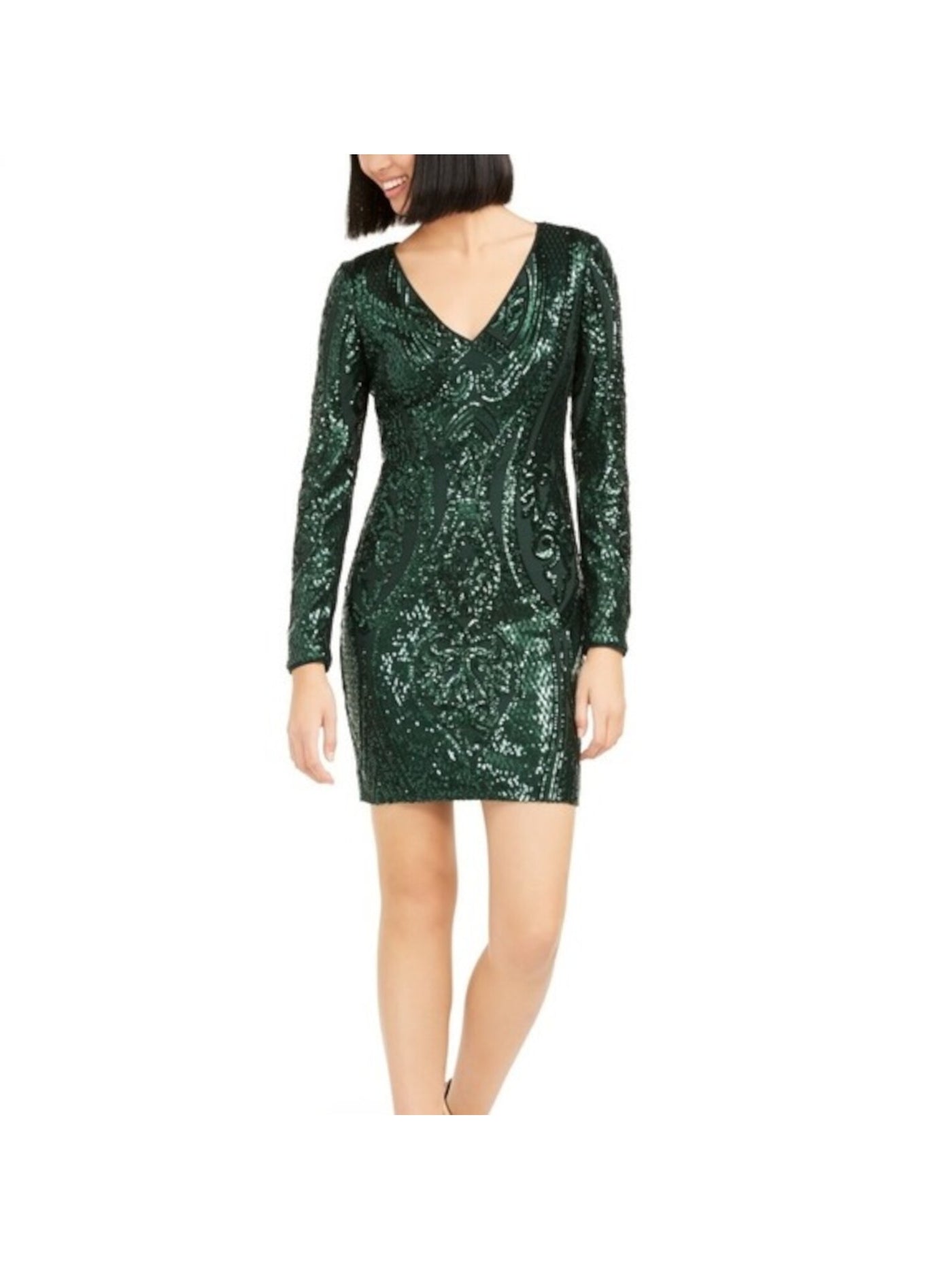 MARCIANO Womens Green Sequined Zippered Long Sleeve V Neck Short Cocktail Body Con Dress 4