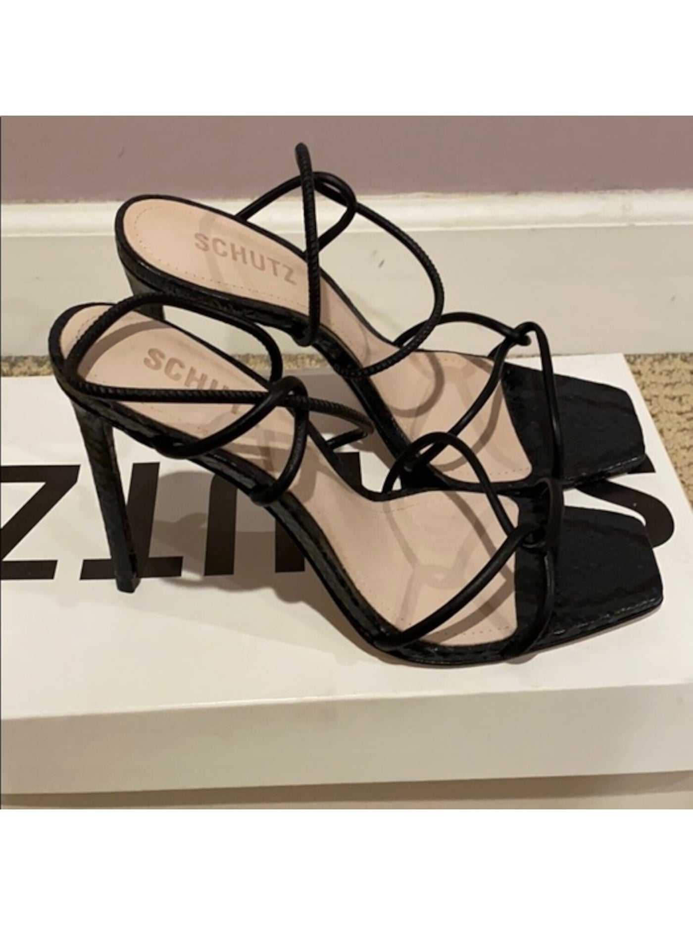 SCHUTZ Womens Black Strappy Gabiele Square Toe Stiletto Slip On Leather Slingback Sandal 7 B