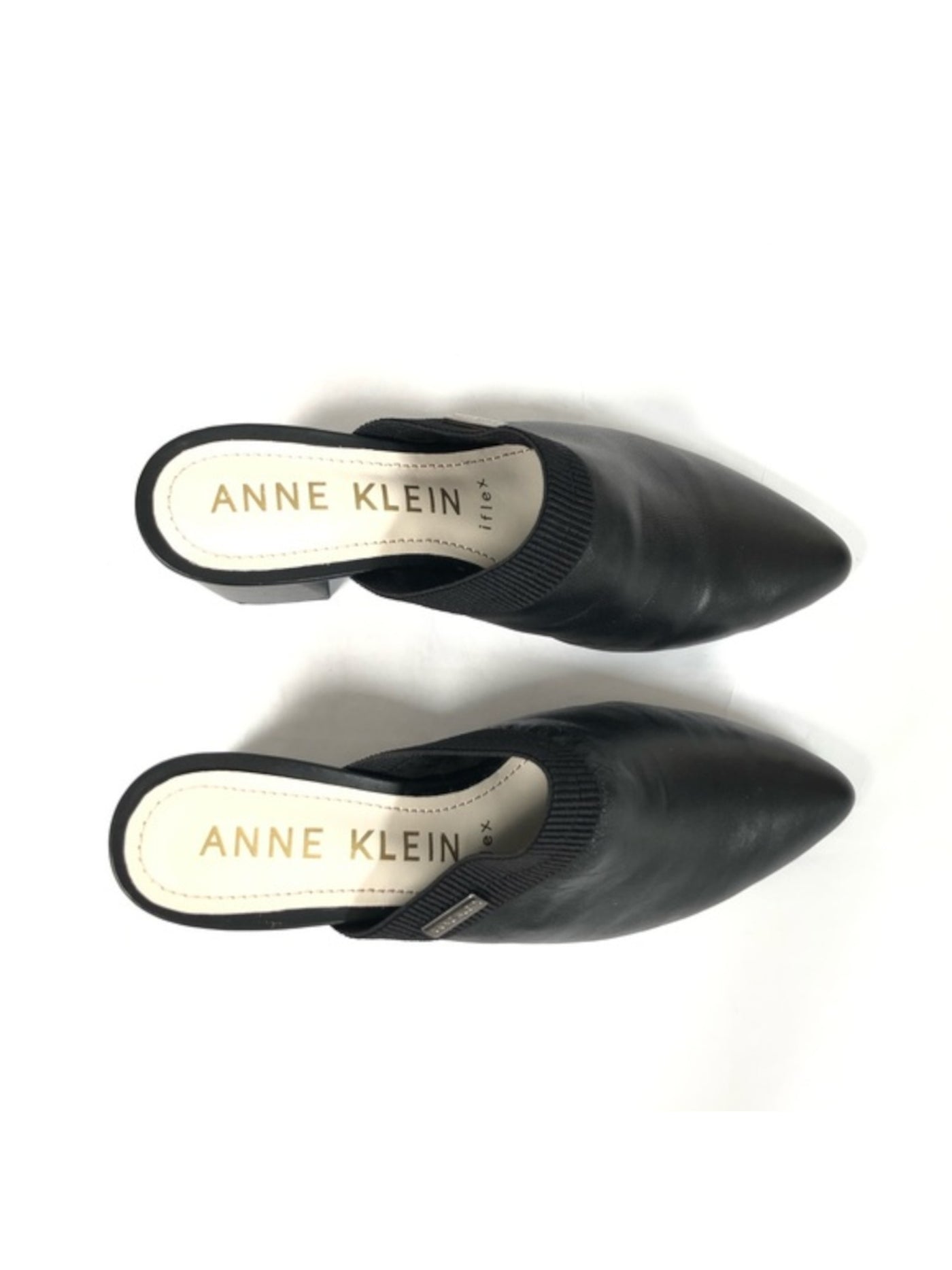 ANNE KLEIN Womens Black Metallic Logo Accent Breathable Stretch Therese Pointed Toe Block Heel Slip On Leather Heeled Mules Shoes 8.5 M