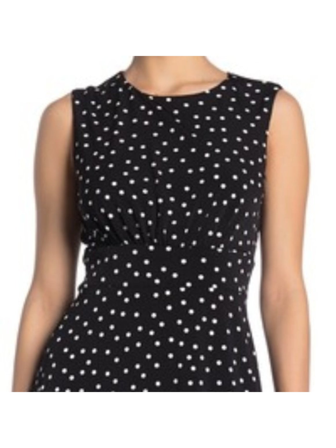 LONDON TIMES PETITES Womens Black Jersey Gathered Zippered Partially Lined Polka Dot Sleeveless Crew Neck Below The Knee Fit + Flare Dress Petites 12P