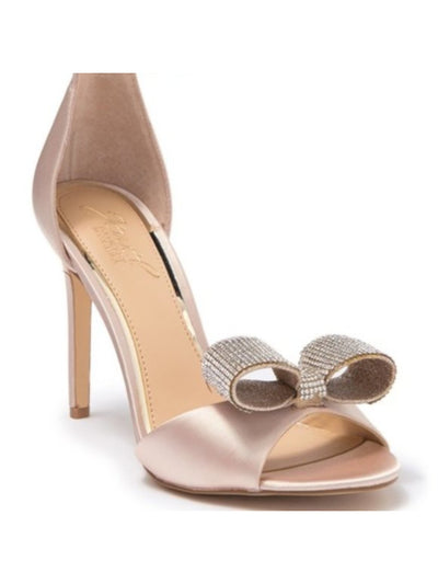 JEWEL BADGLEY MISCHKA Womens Beige Rhinestone Ankle Strap Bow Accent Urania Round Toe Stiletto Buckle Dress Sandals Shoes 8 M