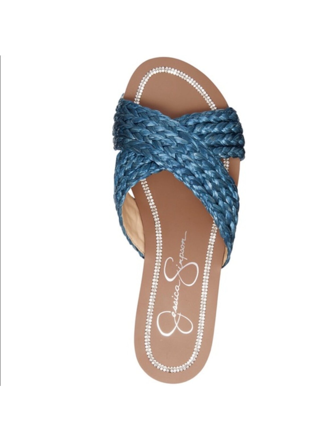 JESSICA SIMPSON Womens Blue Braided Crisscross Straps Rhinestone Braided Elaney Almond Toe Block Heel Slip On Slide Sandals Shoes 5.5 M