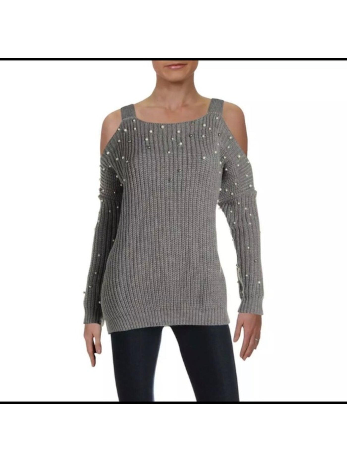 ELAN Womens Gray Cold Shoulder Embroidered Long Sleeve Square Neck Sweater L