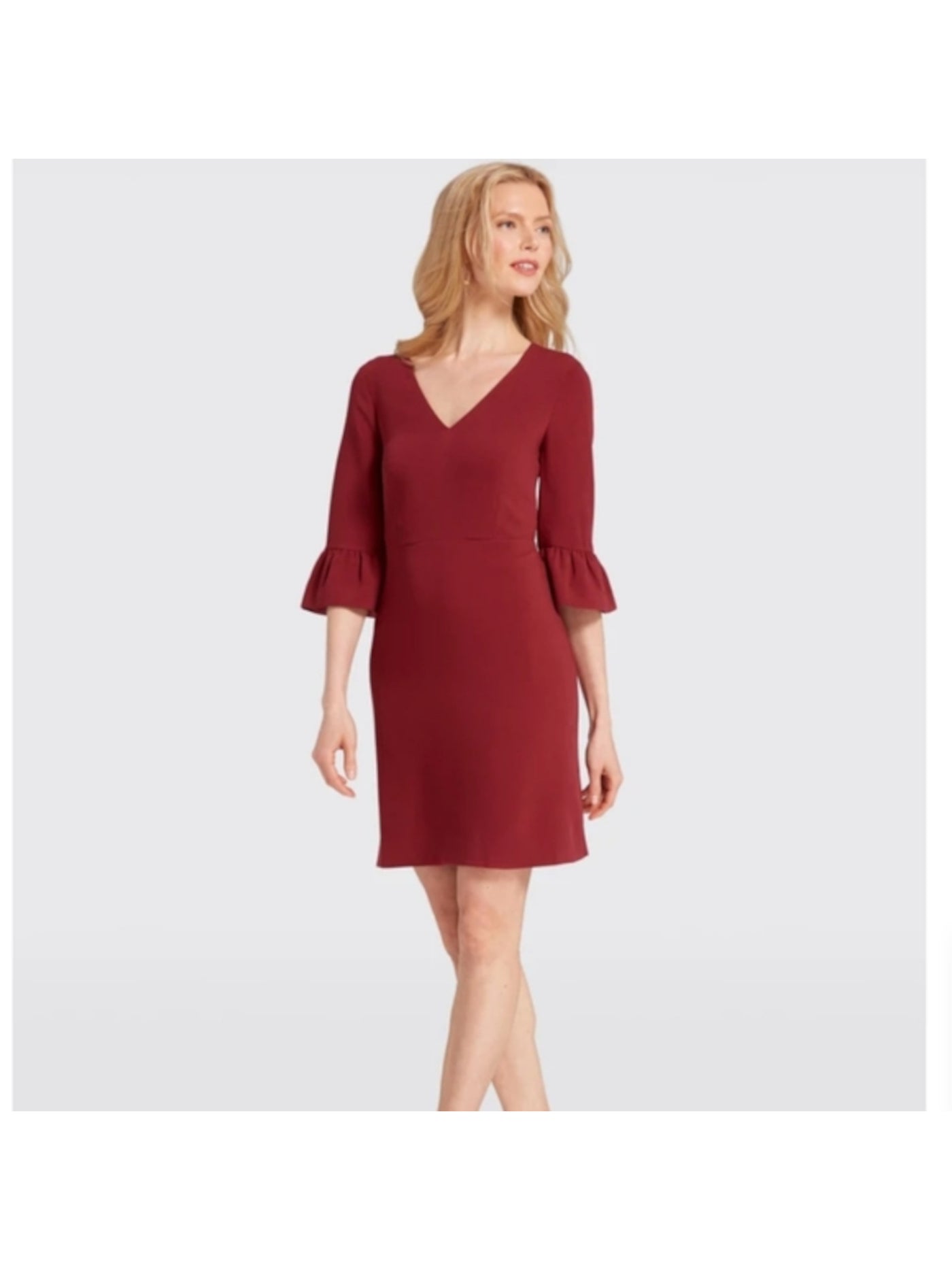 DKNY Womens Burgundy Stretch Zippered Unlined Ruffled Tiered Cuffs Scuba Crepe 3/4 Sleeve V Neck Above The Knee Wear To Work Sheath Dress 6