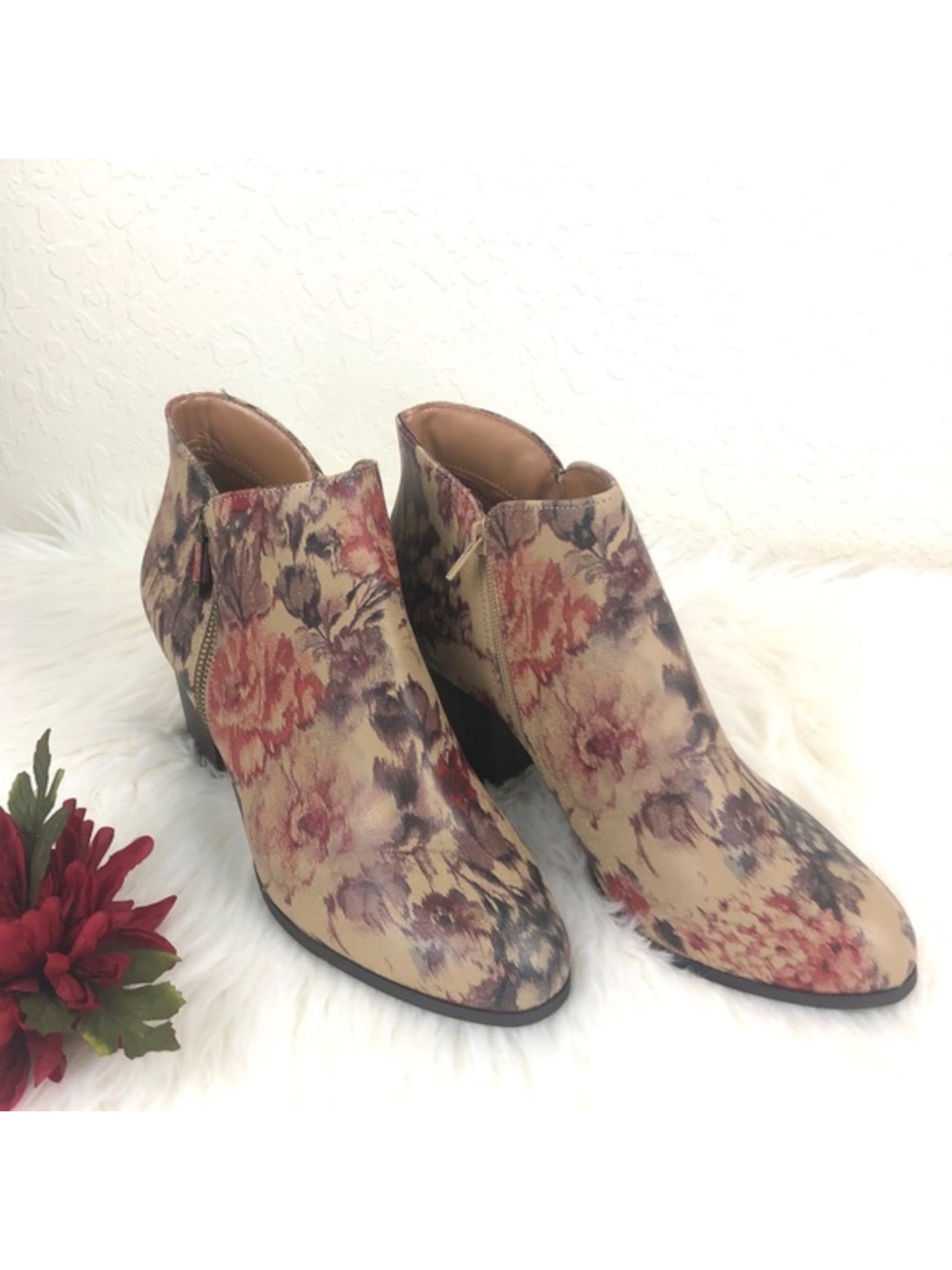 STYLE & COMPANY Womens Beige Floral Zipper Accent Cushioned Masrinaa Almond Toe Block Heel Zip-Up Booties 6 M