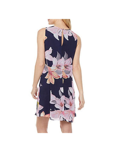 JESSICA HOWARD Womens Navy Sheer Lined Floral Sleeveless Round Neck Above The Knee Shift Dress Plus 24W