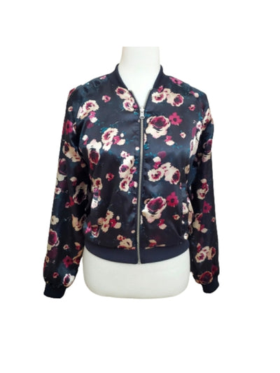 LOVE FIRE Womens Black Pocketed Zippered Reversible Ribbed Trim Floral Bomber Jacket XS