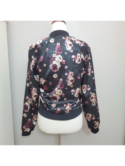 LOVE FIRE Womens Black Pocketed Zippered Reversible Ribbed Trim Floral Bomber Jacket XS
