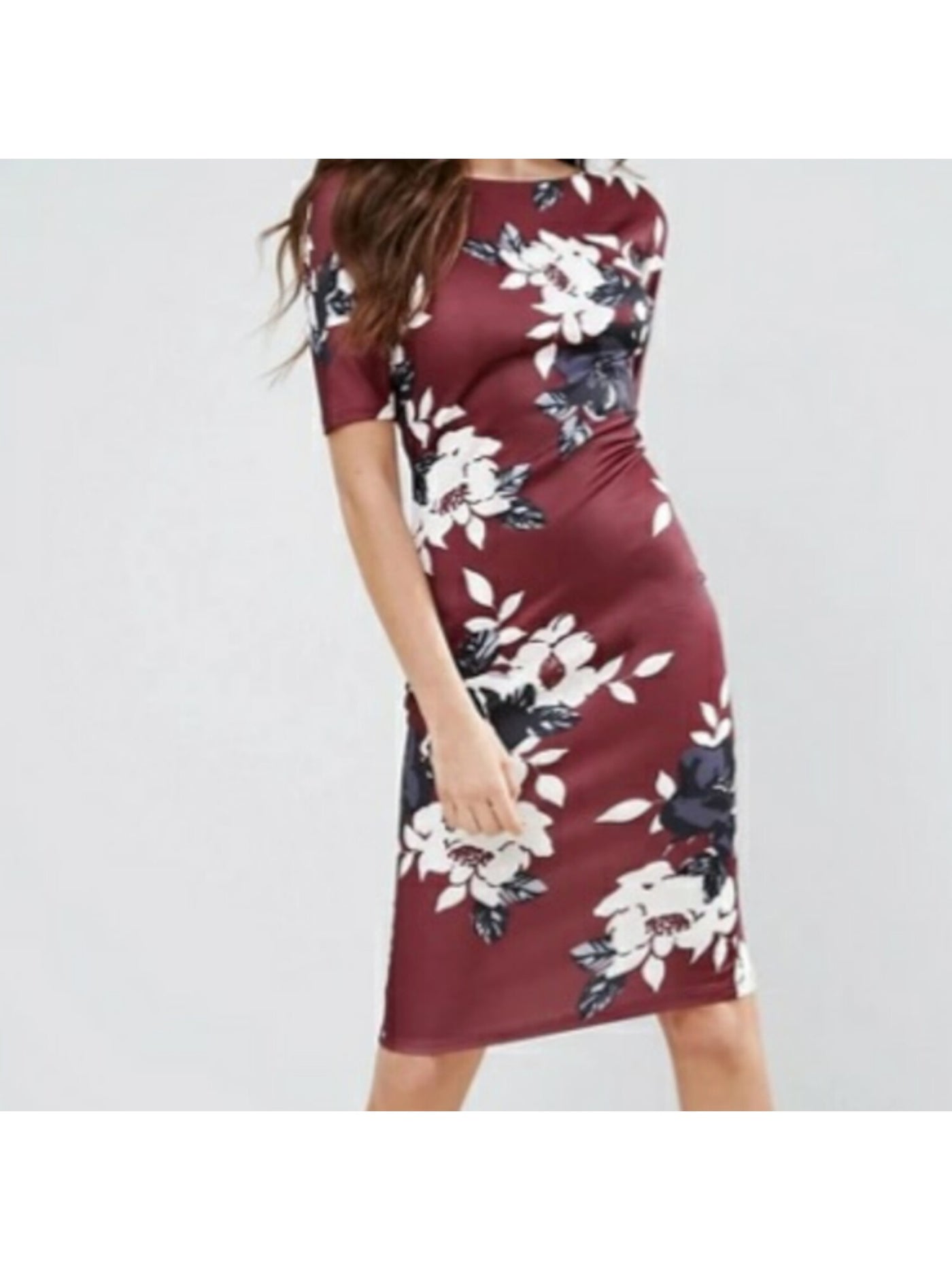 AX PARIS Womens Burgundy Stretch Zippered Floral Elbow Sleeve Boat Neck Midi Evening Body Con Dress 14