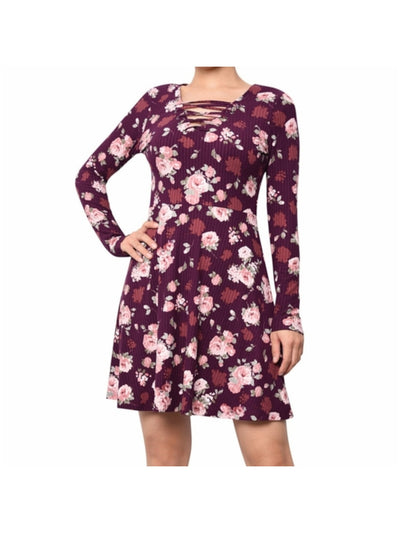 PLANET GOLD Womens Burgundy Floral V Neck Above The Knee Fit + Flare Dress Juniors XS